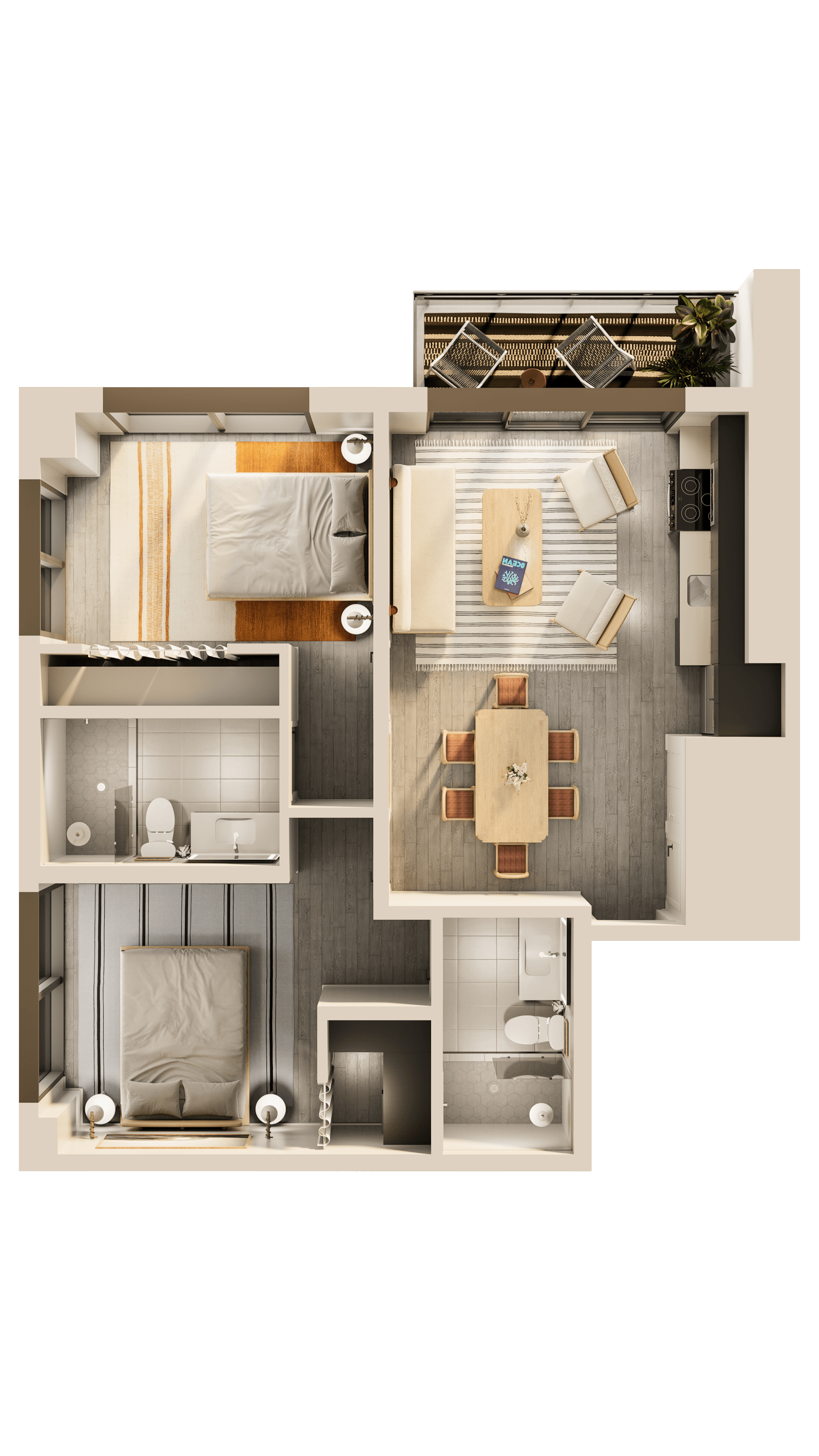 a 3d rendering of a bedroom floor plan of a house